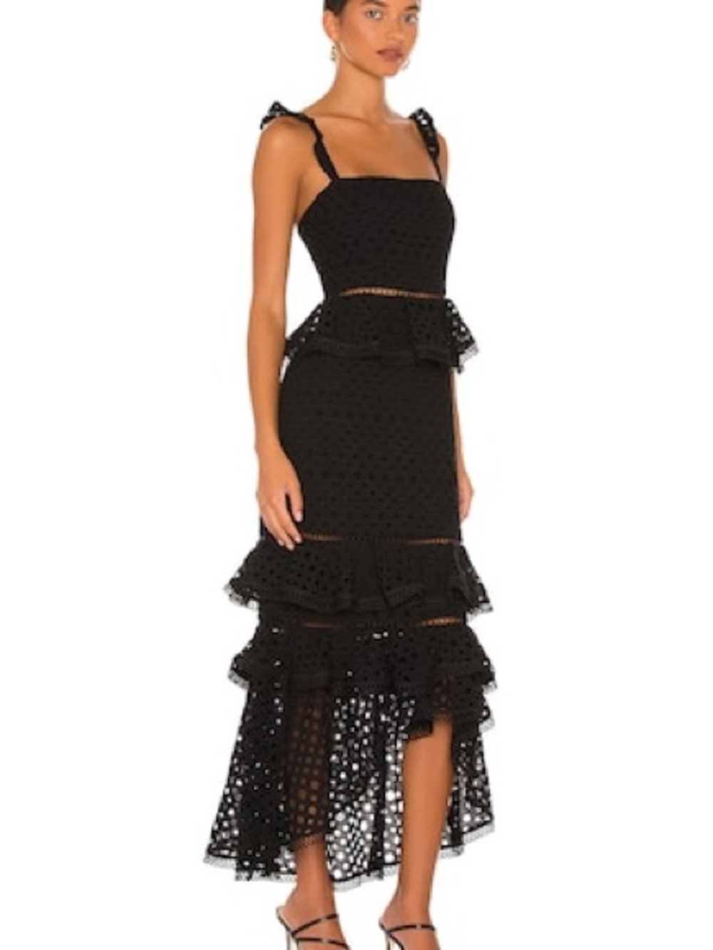 NBD Haze Midi Dress in Black Black Ruffled Eyelet Dress